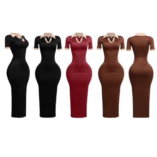 Women's Short Sleeve Polo Collar Bodycon Maxi Dress