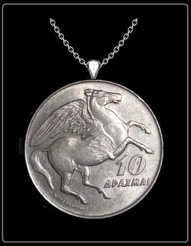 PEGASUS Necklace - silver greek greece 1973 drachma horse coin jewelry 24"