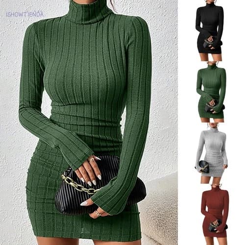 Women's Classic-Fit Lightweight Long-Sleeve Turtleneck Bodycon Mini Club Dress