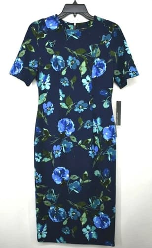 Maggy London Womens Blue Elbow Sleeves Jewel Neck Floral Print Sheath Dress NWT