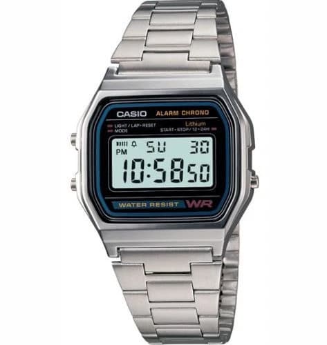 Casio A158WA-1, 7 Year Battery Classic Chronograph Watch, Alarm, Date, NEW