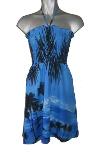Blue Black Palm Tree Sunset Summer Tropical Sundress with Spaghetti Straps