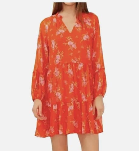 Vince Camuto Women's Small Lightweight Three Tier Mini Dress Orange Pink Floral