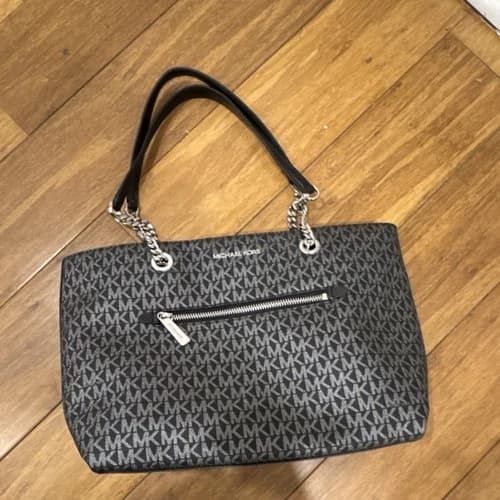 MICHAEL KORS LOGO SHOULDER BAG BLACK GRAY CHAIN STRAP ZIPPER FOR WOMEN