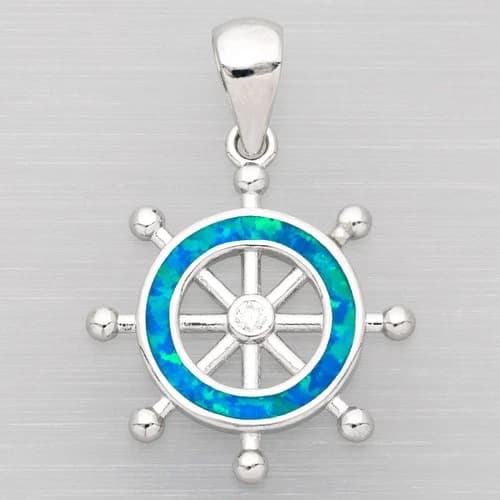 Ship Wheel Beach Style Blue Fire Opal Silver Jewelry Women Necklace Pendant