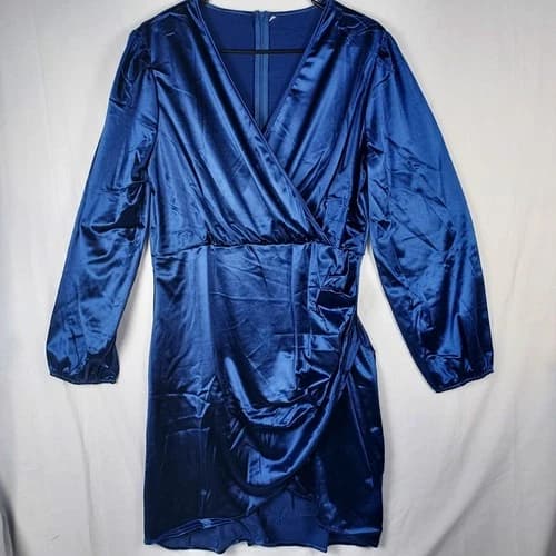 Yajedo Satin V-Neck Dress Size XXL Blue Party/Cocktail Long Sleeve New