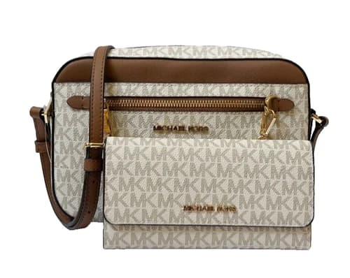 Michael Kors Jet Set Travel Chain Crossbody Bag + Wallet MK Vanilla/Brown