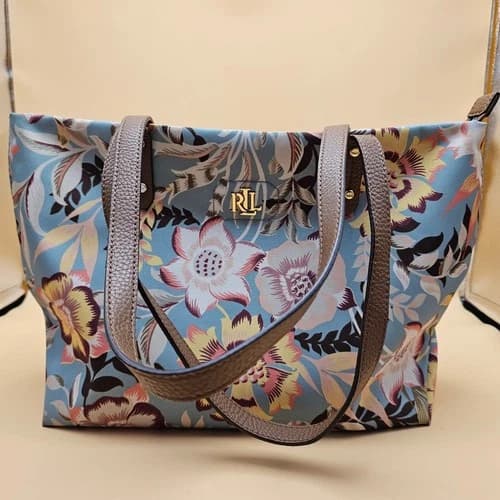 Lauren Ralph Lauren Floral Tote Bag Medium Blue Pink Leather Trim Gold Logo