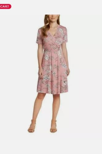 Matty M Ladies' Faux Wrap Short Sleeve Dres(PINK FLORAL, LARGE) NWT