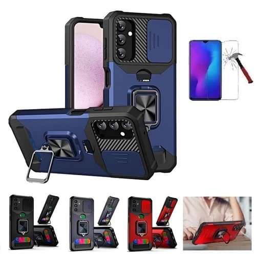 For Samsung Galaxy A14 5G, Ring Stand Cover Case with Card Slot + Tempered Glass
