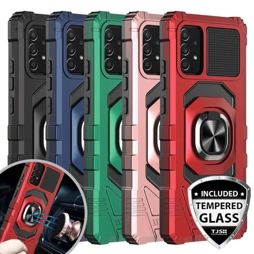 For Samsung Galaxy A23 5G Case Metal Ring Magnetic Support Stand +Tempered Glass