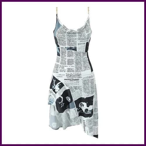 YENKYE New Women Newspaper Letter Print Irregular Hem Sling Dresses Fashion