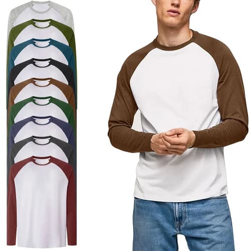 Mens Long Sleeve Baseball T-Shirt Raglan Sleeve Casual Adults Tee Contrast Tops