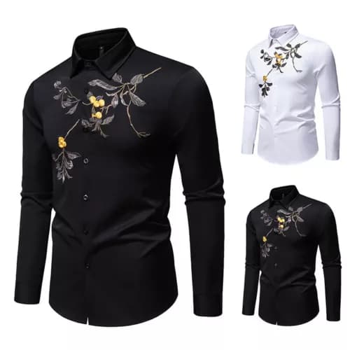 New Men Flower Embroidery Long-sleeved Shirt Nightclub Retro Base Shirt Cardigan