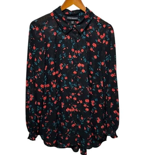 Lane Bryant Womens Boho Blouse 14/16 Black Floral Swiss Dot Sheer Whimsigoth