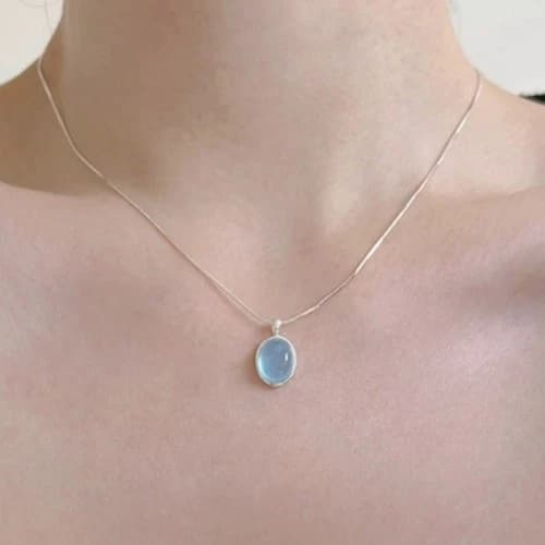 Elegant Giant Sea Blue Moonstone Oval Pendant Snake Chain Necklace w/extension