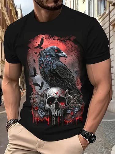 Men'S Gothic Raven Graphic T-Shirt - Black Casual Short Sleeve Tee with Blood-Sp