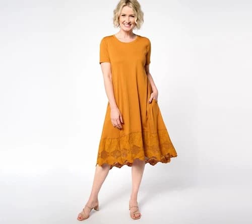 Fashion Women's Dress Sz M Knit Lace Hem Yellow A648215