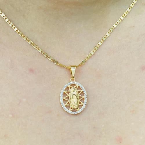 Gold Filled Virgen de Guadalupe Pendant Necklace Mariner Chain Womens Jewelry