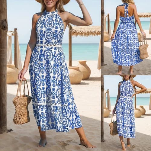 Women Sleeveless Halter Bohemian Party Dress Holiday Beach Midi Dresses Sundress