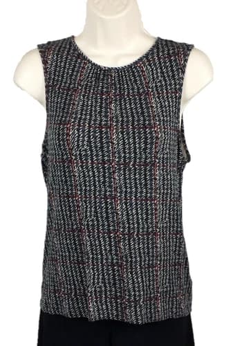Chaps Blouse Top Womens Size Medium Petite PM Gray Black Red Sleeveless Plaid