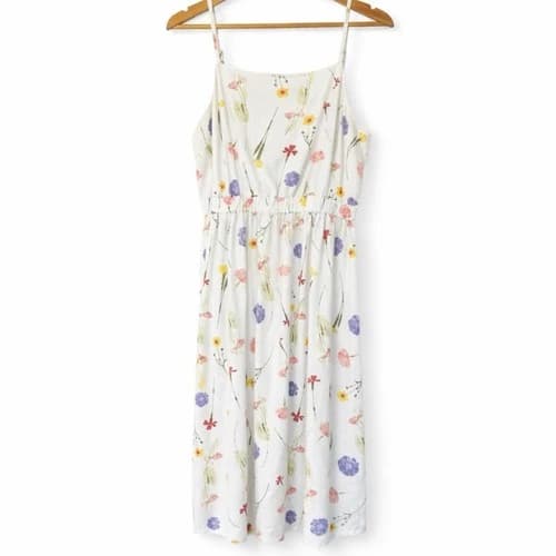 LOFT White Floral Linen Midi Spaghetti Strap Sundress, 90s Cottagecore Prairie