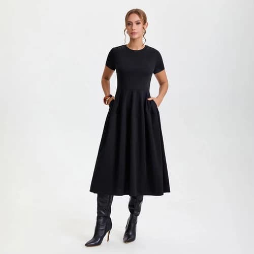 Women's Short Sleeve Midi A-Line Dress - A New Day Black M
