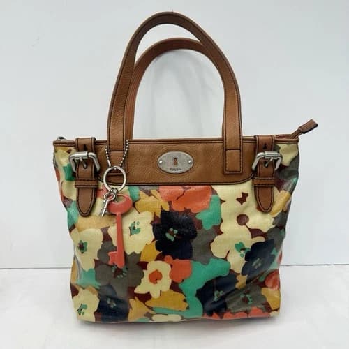 FOSSIL Key-Per Hand Bag Purse Coated Canvas Leather Floral Zipper Charm Flowers