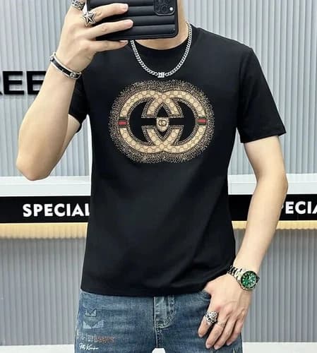 New Men Luxury Diamond Rhinestones Black White T-Shirt High Quality