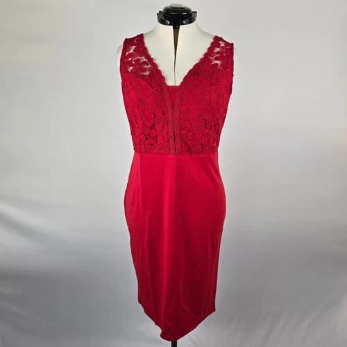 Grace Karin Sleeveless Dress Women's M Red Lace Patchwork Midi NWT