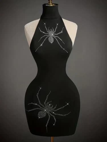 NEW Medium Sexy Black Sleek Backless Halter RHINESTONE SPIDER Mini Dress Bodycon