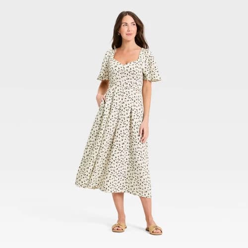 Women's Flutter Sleeve Belted Midi Dress - A New Day Cream/Black Floral