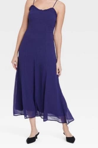 Size (L) A New Day Elegant Women's Chiffon Ruffle Maxi Dress Navy Blue