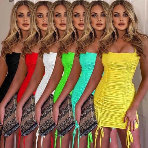 Women's Double Spaghetti Strap Ruched Bodycon Sexy Party Night Club Mini Dresses