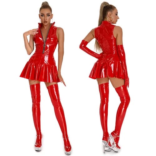 Womens Shiny Wetlook PVC Leather Bodycon Mini Dress Zipper Pleated Skirt Dresses