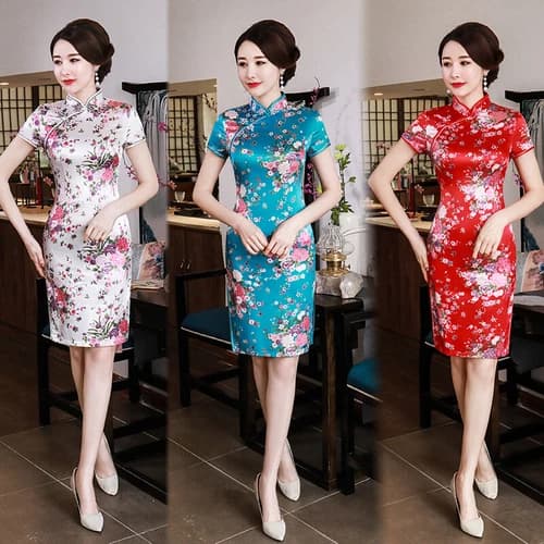 Women Summer Qipao Dress Chinese Traditional Silkly Cheongsam Sexy Evening Gown