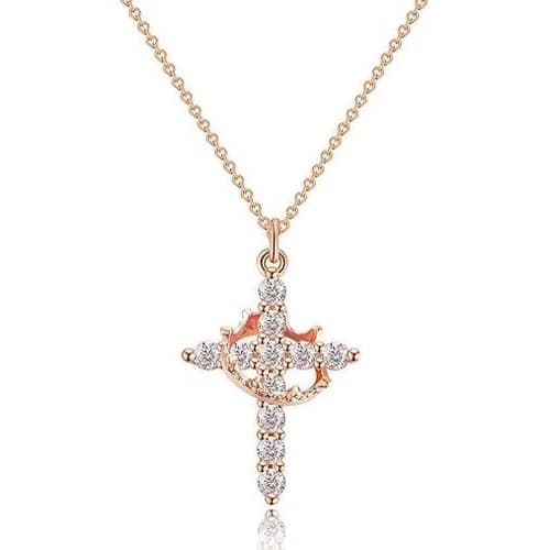 Sparkling Crown Rose Gold Cross Pendant Necklace Christian Jewelry Gift, Women