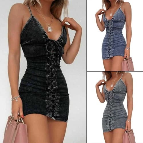 ON SALE!! Denim Cami Ladies Elastic Stretch Bodycon Causal Jean Mini Dress Skirt