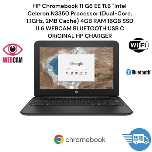 HP Chromebook 11 G6 11.6" Intel 2.40 GHz 4 GB RAM 16 GB eMMC Bluetooth Webcam SD