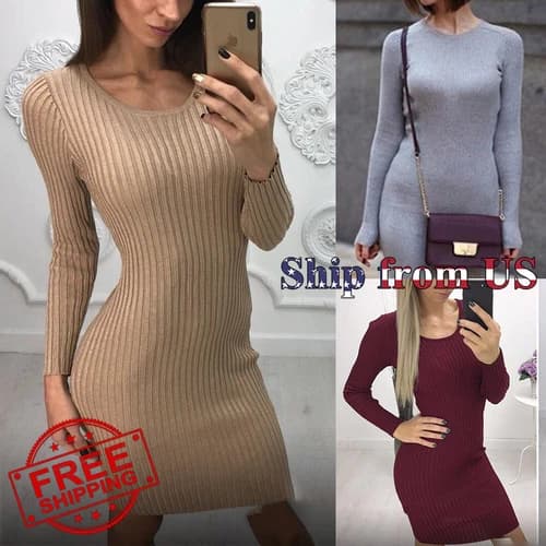 ON SALE!! Bodycon Knit Sweater Dress Slim Long Sleeve One Piece Mini Jumper US