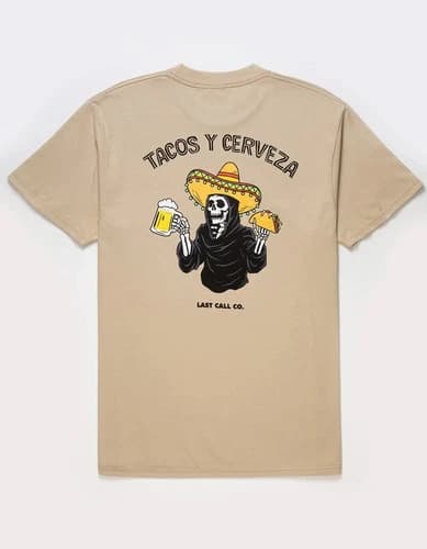 LAST CALL CO. Mens Tacos & Beer Tacos Y Cerveza Funny Reaper Shirt New S-3XL